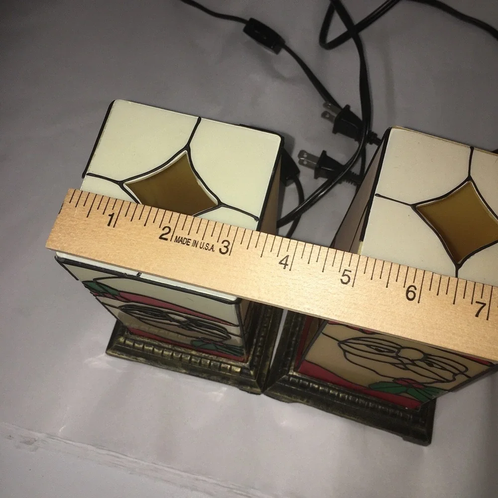 Vtg Christmas Santa Lamps Plastic Stained Glass Look Gold Base Read Description